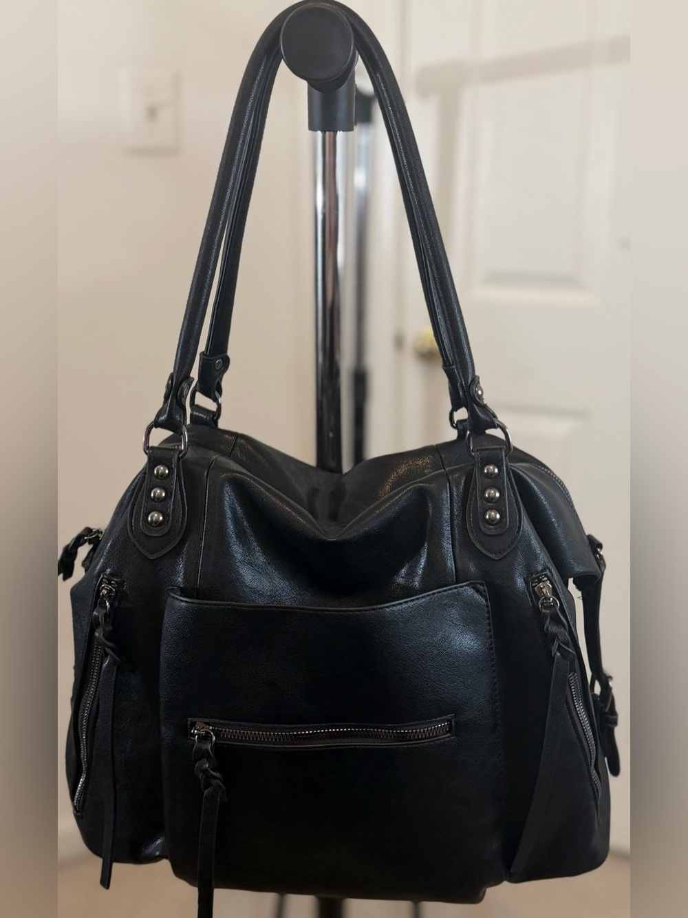 Oversized Slouchy Motorcycle Tote Bag Black Vegan Leather Hobo